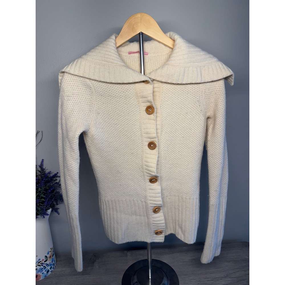 Gianni Bini Cream 100% Wool Shawl Collar Cardigan Sweater Honeycomb Knit Small